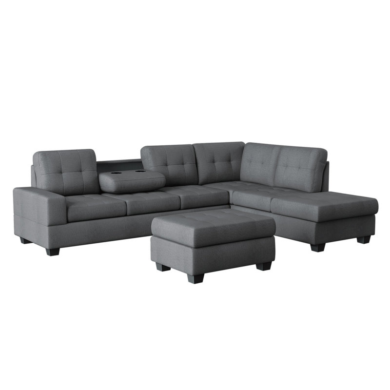 111" Modern & Contemporary 3-Piece Reversible Sectional Sofa - Microfiber Sectional Sofa, Drop-Down Cup Holders Sofa Chaise Ottoman Storage