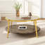 Table basse avec rangement à deux niveaux, plateau en verre et finition en noyer brun sur base dorée, ronde de 29,9 pouces