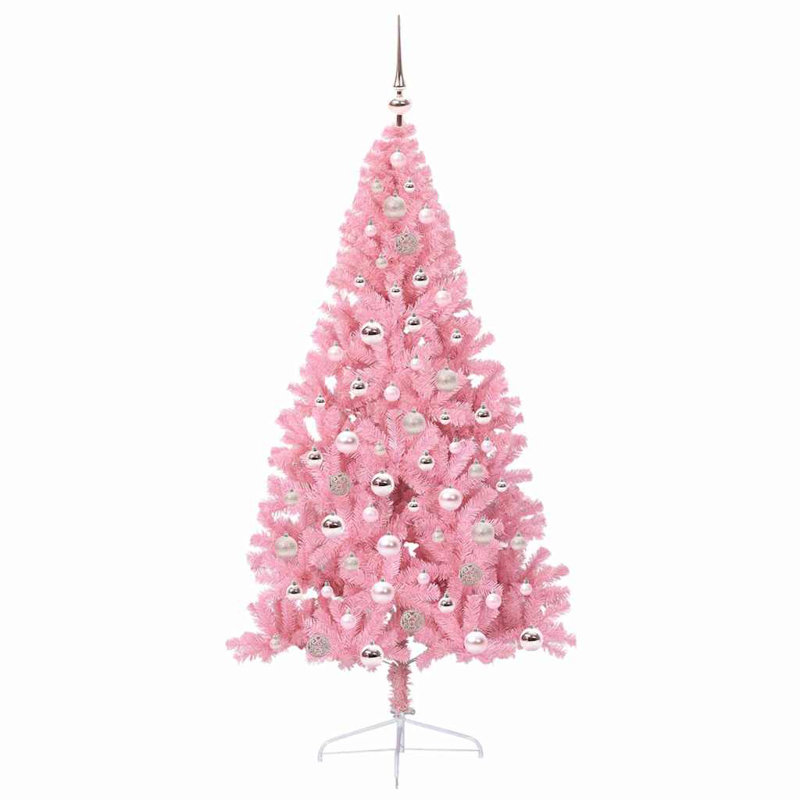 5.91' H Lighted Artificial Christmas Tree, Pink, 180 cm, with 120 Pink Balls