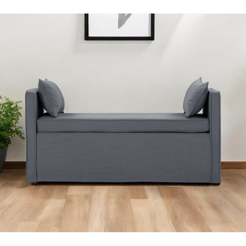 Ramvir 53" Paisley Linen Upholstered Bench, Gris et noir