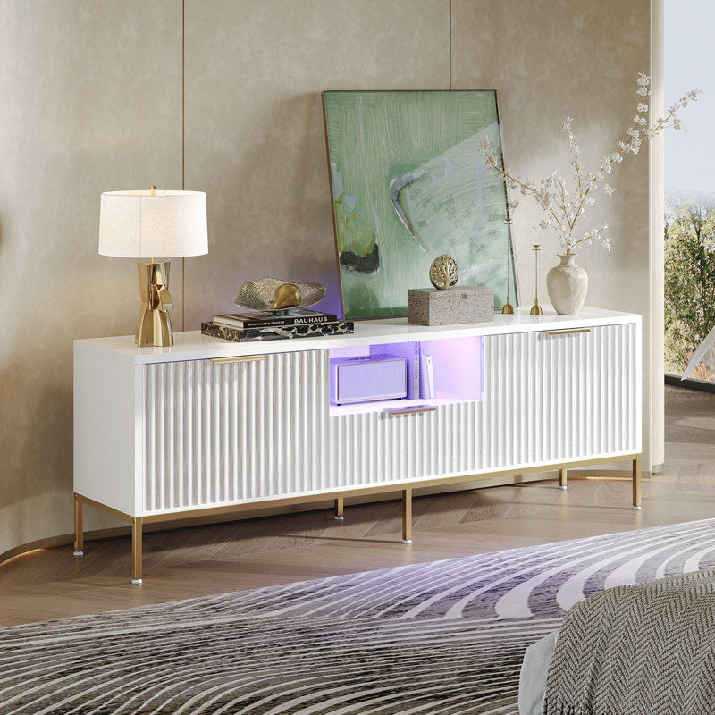 Fluted TV Stand, Glossy Media Console with Wave Pattern Buffet Cabinet, White, 54cm H x 140cm W x 35cm D