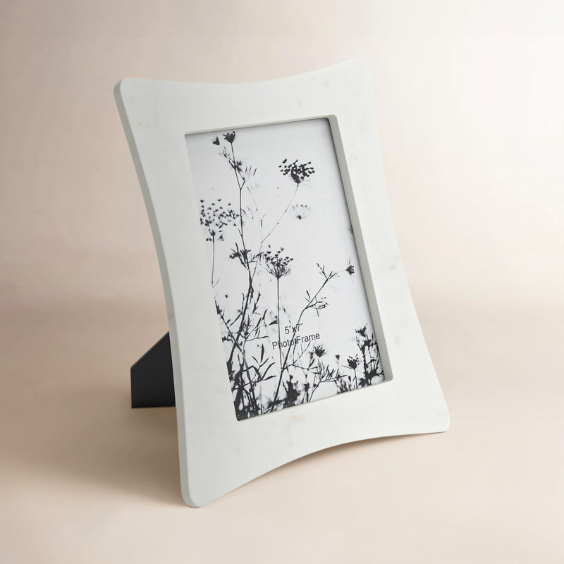 Decorative Rectangle Marble Photo Frame with Curved Edges -  Elegant Picture Frame for Entryway Table or Living Room Decor - White 