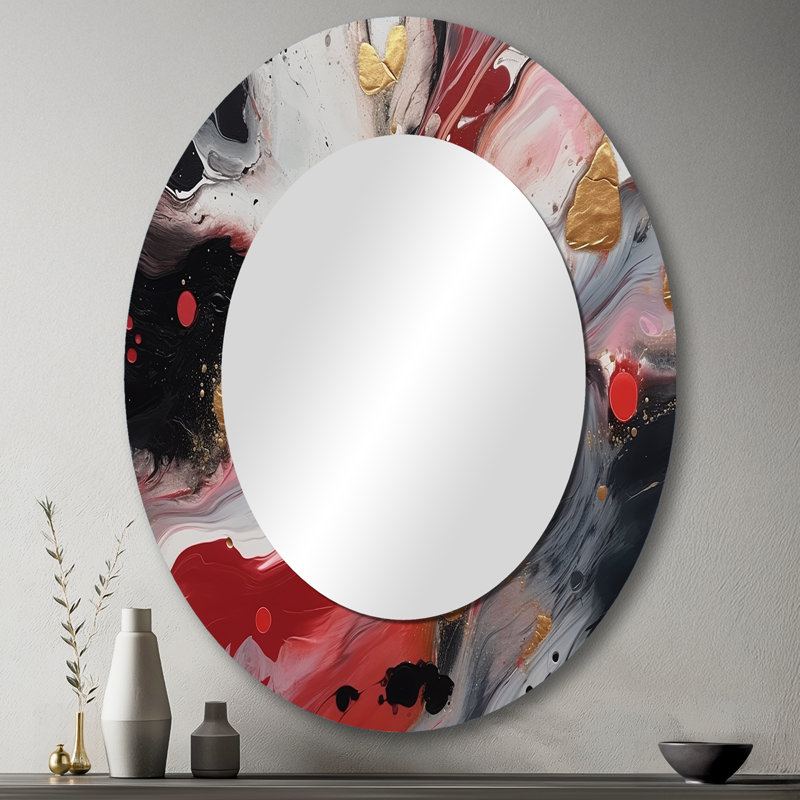 Red And Black Marble Whispers III - Red Oval Wall Mirror Decor, 43" x 33"