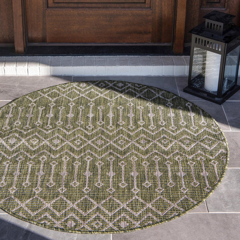Adley Southwestern Green/Beige Indoor/Outdoor Area Rug, Round 6'1"