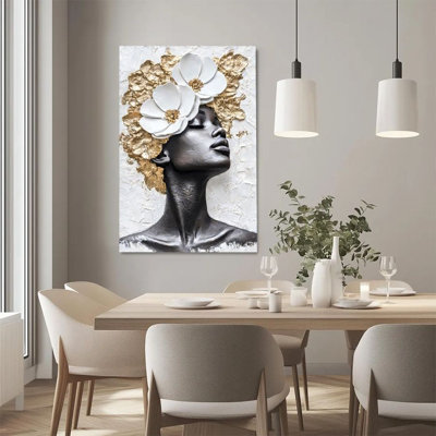 1Pc Framed Canvas Poster Print Portrait of a Black Woman with Golden Curly Hair and White Flower Decorations, Three-Dimensional Oil Painting Style Wall Decor, Perfect for RoomLiving Room Bedroom Office BathroomDecor, Rustic & Modern IdealWall Decoration