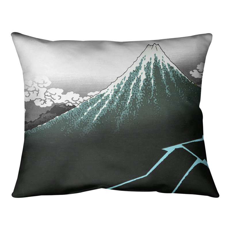 Coussin lombaire katsushika hokusai, au-dessous du summit, 20 po x 14 po, Bourre en polyester, Bleu sarcelle / gris