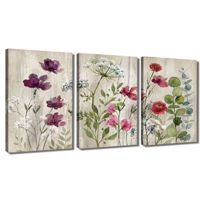 Aquarelle, fleurs sauvages sur bois - ensemble de 3 impressions sur toile