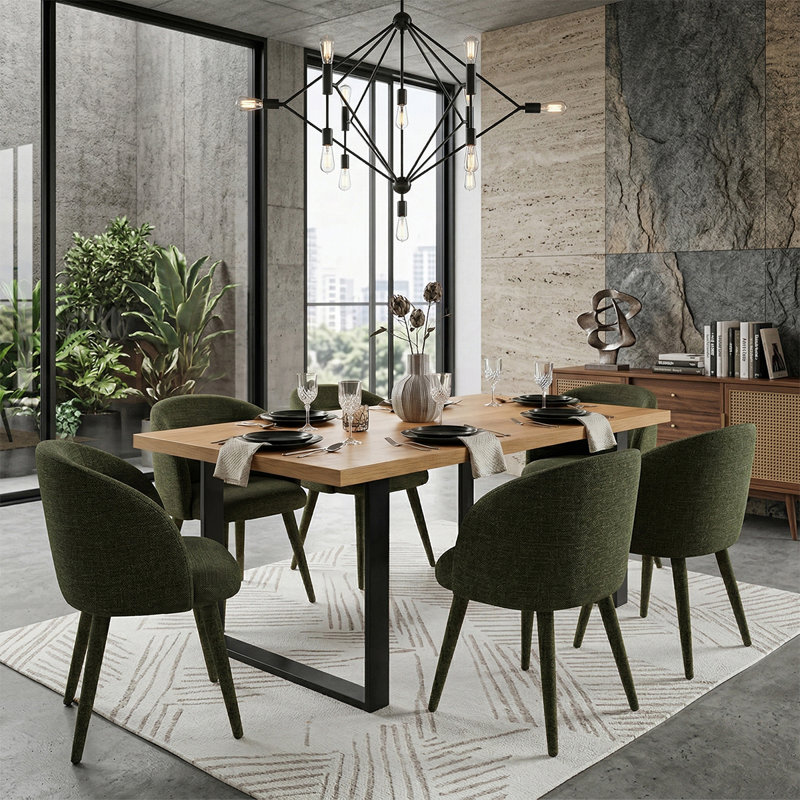 71" Rectangular Dining Table Set With Upholstered Armchairs, Green