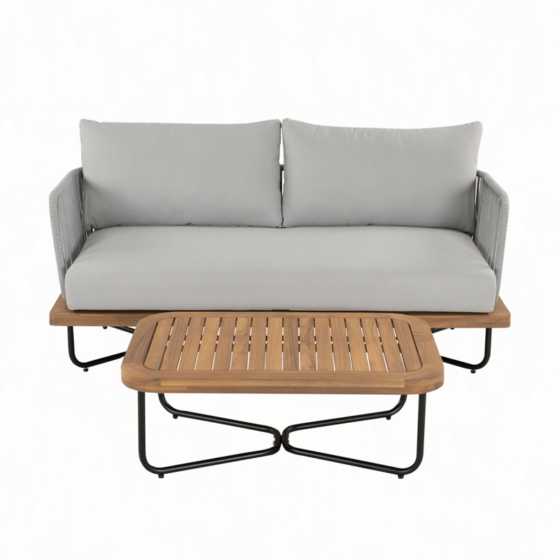 Causeuse et table d'extérieur en bois d'acacia tissé avec corde, Gris
