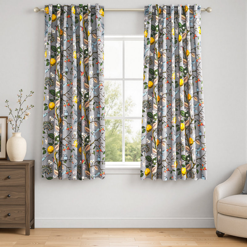 Fancy Hummingbird Patterned  Room Darkening Curtain,Rod Pocket Back Tab Floral Drapes,Set of 2, Gray, 52" W x 72" L
