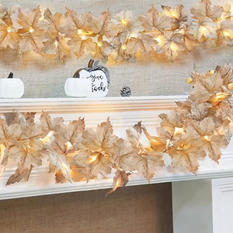 Imer - Paquet de 2 guirlandes d'automne avec lumières et décorations d'automne pour la maison, guirlande de feuilles d'érable
