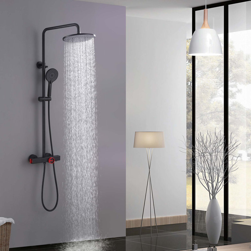 Système de douche thermostatique moderne avec douche à effet pluie de 10 po, douchette à 3 modes et robinet de baignoire