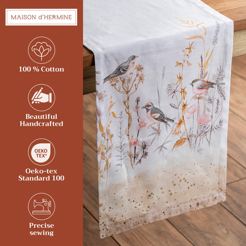 Maison d' Hermine Table Runner 100% Cotton Single Layer Table Runners 108 inches Long Decorative for Home Kitchen Dining Valentines Day Decorations Spring Summer (Meadow Florals - Beige, 14.5" x 108")