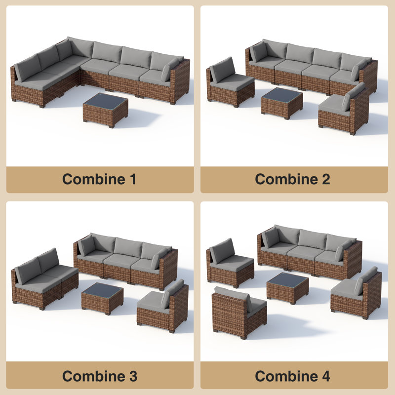 Wicker 6 - Person Modular Patio Conversation Sets with Cushions, Gray,  7-Piece Set
