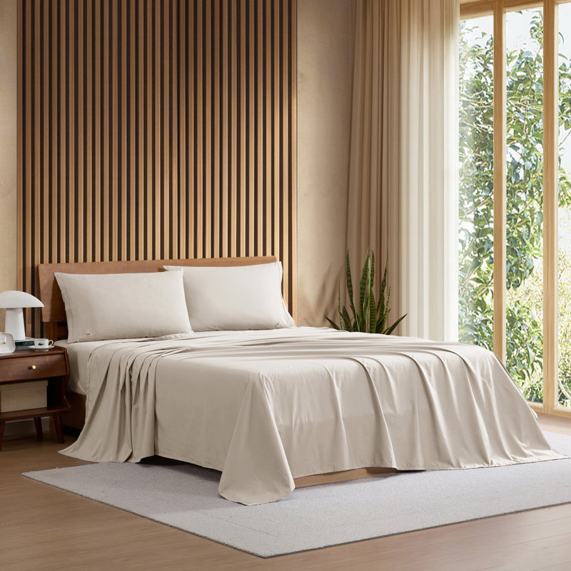 Lacoste Cotton Percale Sheet Set, Crisp Feel & Breathable Bedding, Deep Pocket Fitted Sheet, Pumice Stone, Full, Pumice Stone