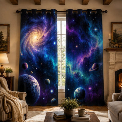Ensemble de 2 rideaux occultants à motif galaxie et planètes de l'espace, œillets décoratifs avec un design artistique de nébuleuses tourbillonnantes, parfaits pour la décoration de la chambre, du salon ou de la maison.