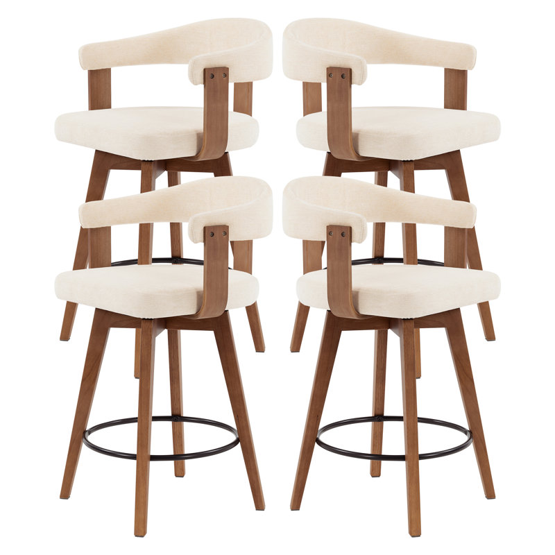 Swivel Upholstered Bar Stools 26" Counter Height, Beige Linen, 4, Brown