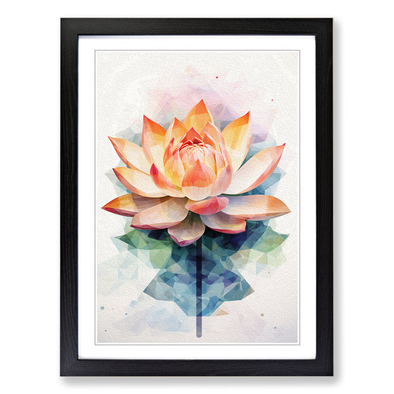 Lotus Flower Geometric No.2 - Single Picture Frame Print on Wood, 64cm H x 46cm W x 2cm D, Black