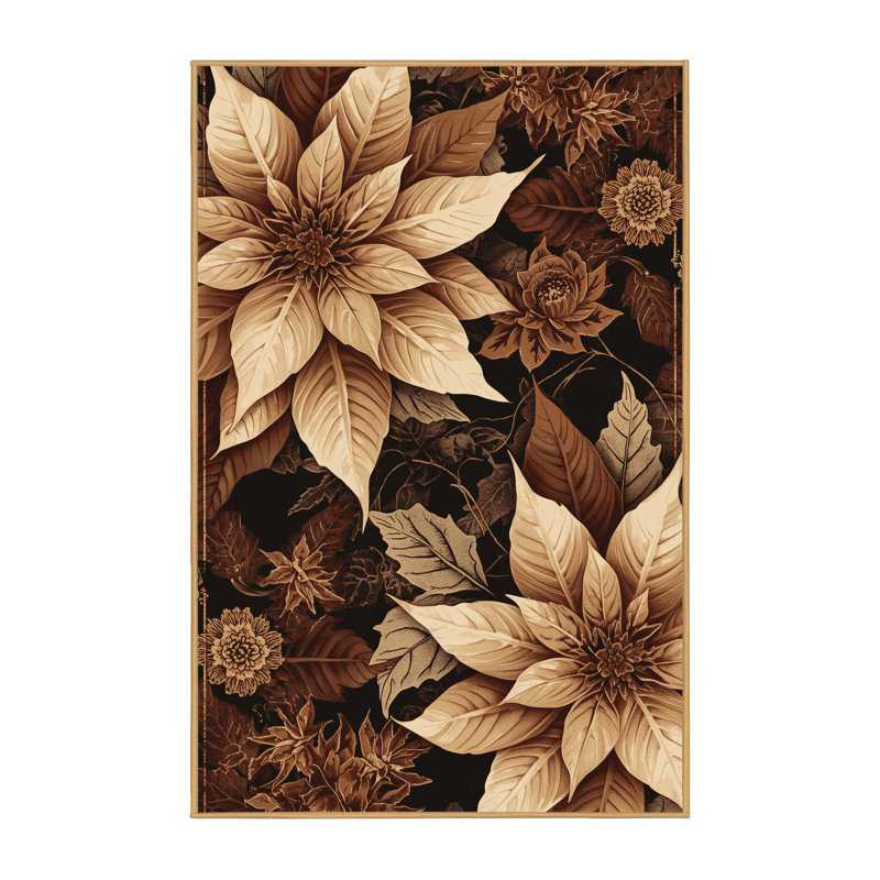 Machine Washable Ottwell Poinsettia Ornate Glam Floral Rug in Black – LightBrown Binding, 8x10