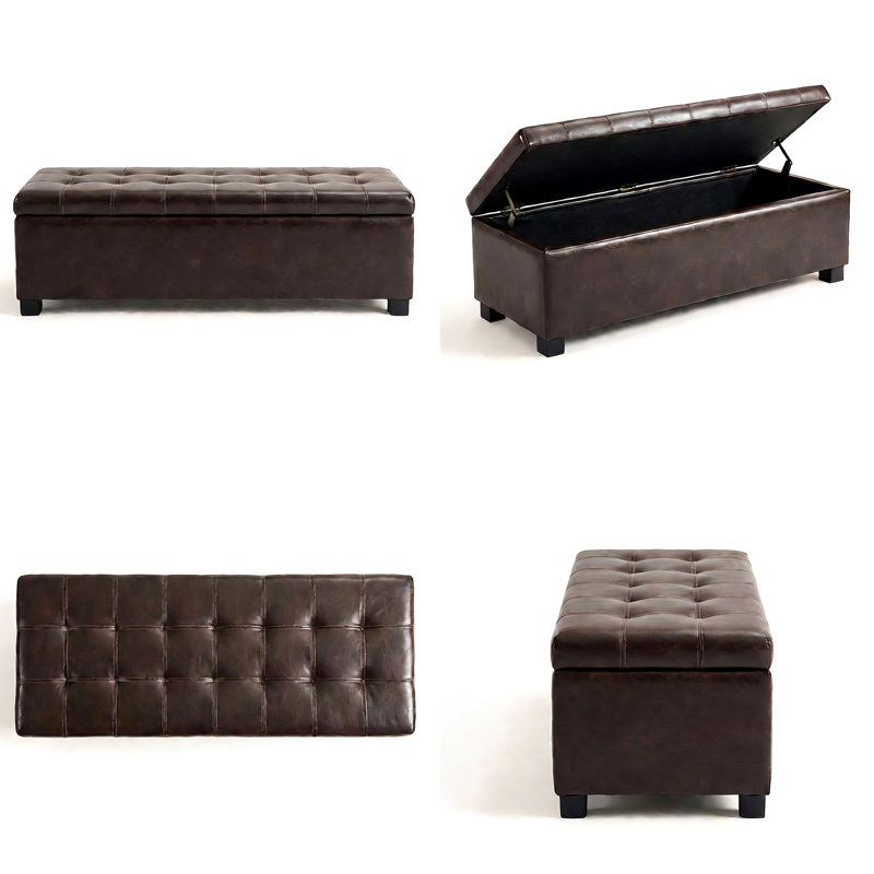 Rangement de 49,7 pouces avec capacité de charge de 300 lb, cuir synthétique, pieds en bois et charnières élégantes multifonctionnelles brunes, fabrication en bois massif, amplement de couvertures pour oreillers