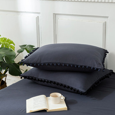 Navy Blue Pom Poms Pillowcases, Dark Blue Pillowcases Set of 2, 100% Soft Washed Microfiber, Soft Navy Pillow Shams King Size, 2 Pack