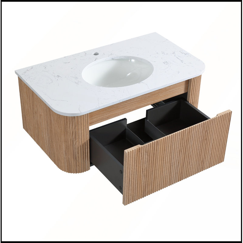 Meuble-lavabo mural 36 po Arcora avec comptoir en marbre artificiel Carrara, lavabo en céramique et tiroir de rangement spacieux