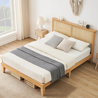 Natural Rattan Full Bed Frame with LED Headboard and Wood Legs, No Box Spring Needed