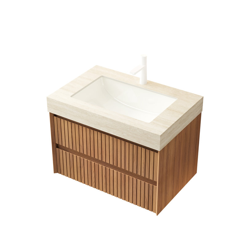 Meuble-lavabo de 30 po avec lavabo, rangement flottant rayé en contreplaqué, 2 tiroirs, comptoir en pierre frittée, lavabo en céramique, mécanisme de tiroir à fermeture en douceur, E0, étapes d'installation facile avec