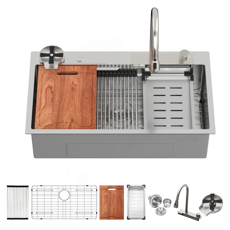 Évier de cuisine à cascade 33 po - 33 po x 19,29 po x 9 po, évier de cuisine à rebord simple en acier inoxydable calibre 16 et station de travail