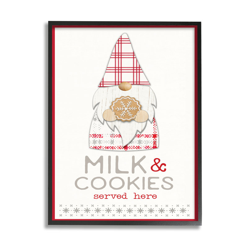 Gnome de Noël à carreaux lait et biscuits, H 14 po x l 11 po, Giclée encadrée noir minuit