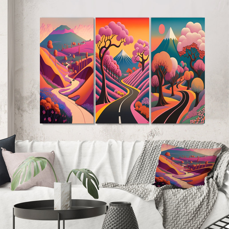 «Swirling Road Playful Purple Mountain Landscape II», ensemble de 3 impressions, Toile tendue, H 60 po x l 40 po