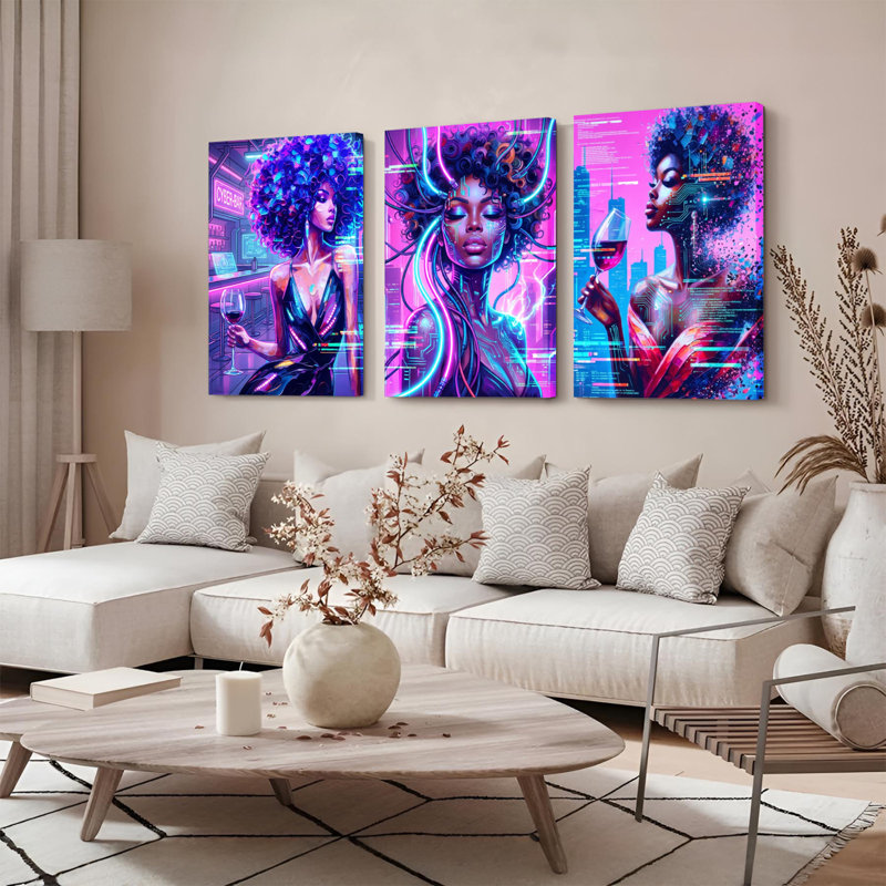 Ensemble de 3 tableaux sur toile néon représentant une femme afro cyberpunk, idéal pour une décoration murale moderne dans un salon, une chambre ou un bureau.