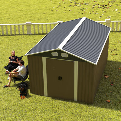 Remise de rangement extérieure en métal 8 x 12 pi, grande remise avec structure robuste, remise à outils de jardin en métal avec porte verrouillable pour jardin, pelouse, cour arrière, brun