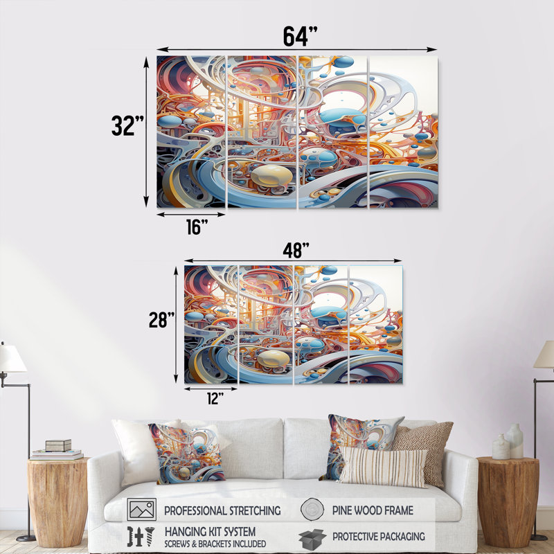 «Swirling Architecture Blue Spheres», art mural géométrique 4 pièces, H 28 po x l 48 po