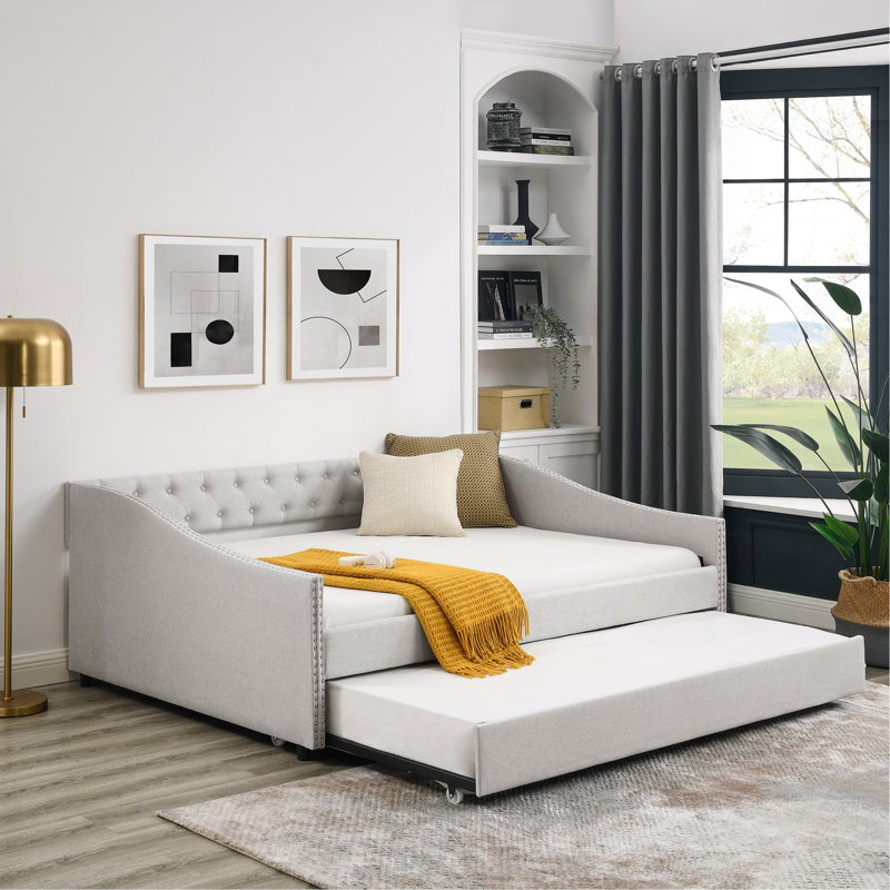 Full Size Daybed With Twin Size Trundle Upholstered Tufted Sofa Bed, With Button On Back And Copper Nail On Waved Shape Arms,Beige (80.5"X55.5"X27.5")