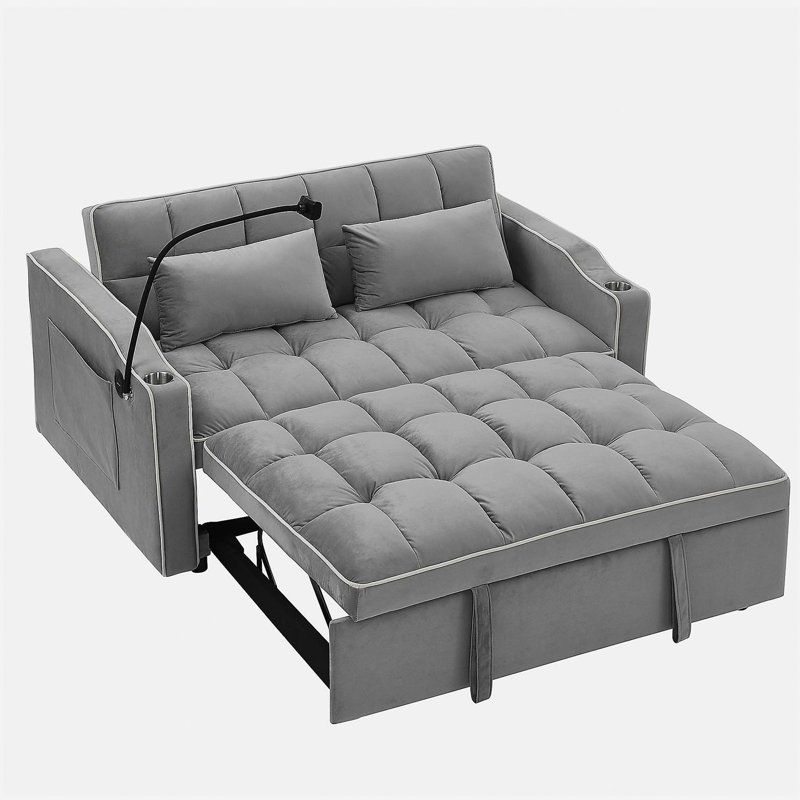 Canapé-lit pliable polyvalent de 55,51 pouces en 3 longueurs, canapé-lit moderne en velours coulissant, dossier réglable et avec port USB, cendrier et support pour téléphone pivotant (gris)