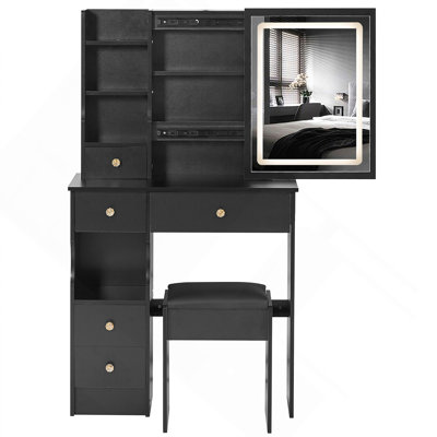 Petit meuble-lavabo de 29,2 po avec tabouret de bureau et tabouret rembourré à gauche 29,5 po, grande commande tactile, interrupteur tricolore, miroir à luminosité réglable, rangement à grande capacité, convient aux petits espaces
