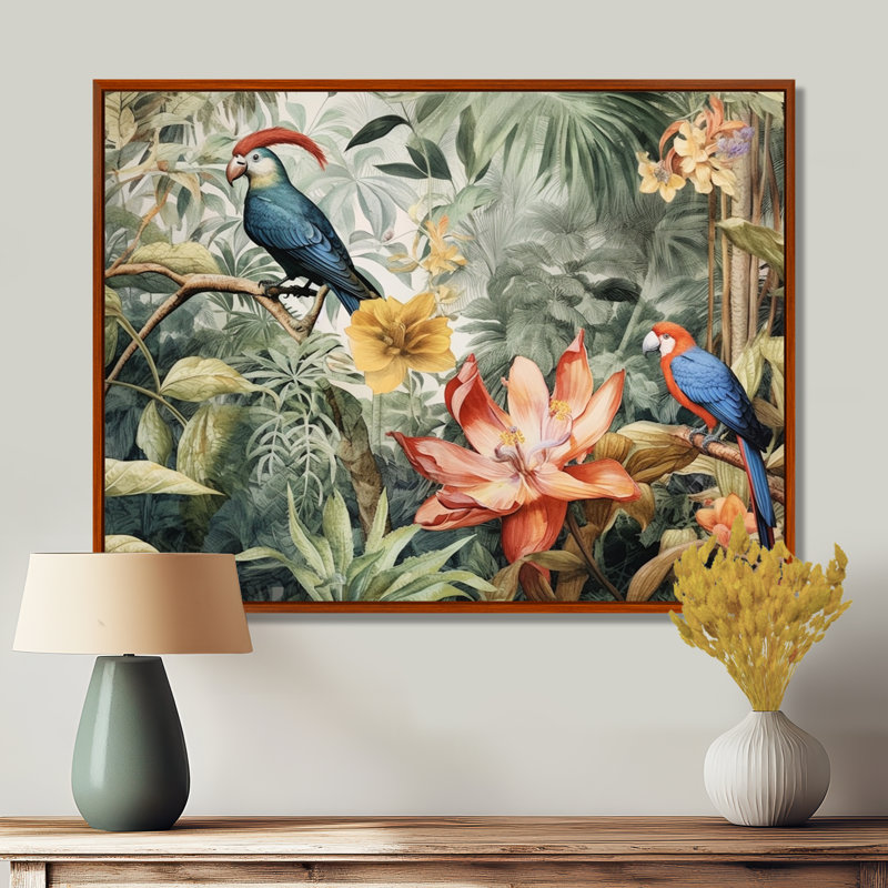 Perroquet au paradis II - Art encadré, H 34 po x l 44 po x P 1,5 po, Cadre flottant brun