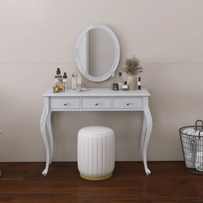 39.4 In. Makeup Vanity Desk With Oval Mirror, 3-Drawer