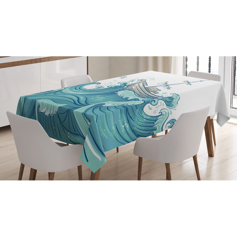 Nautical Tablecloth, Ship Being Tossed By Giant Ocean Waves Aquatic Old Vessel Sea Journey Illustration, Rectangular Table Cover For Dining Room Kitchen Decor, 52" X 70", Aqua Taupe