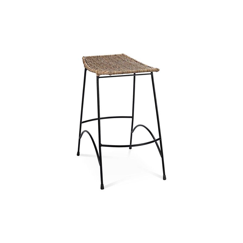Black Metal and Woven Rattan Backless Counter Stool