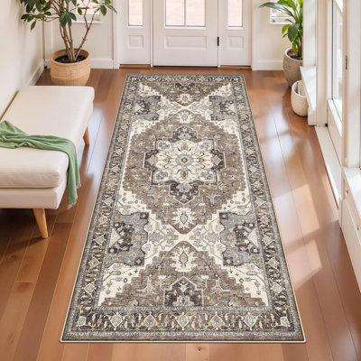 Tapis de couloir - Tapis de cuisine lavable rétro antitaches et antidérapant pour tapis de sol en caoutchouc antidérapant pour salle de bain / salon (beige)