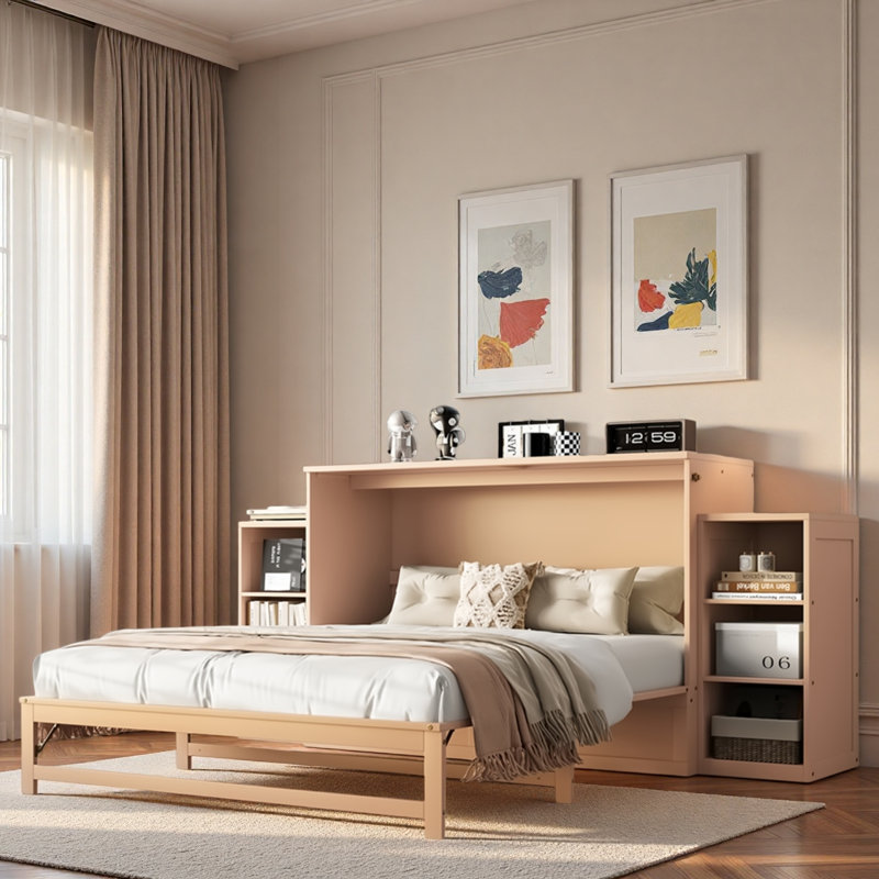 Lit escamotable avec tiroirs de rangement spacieux et tablettes ouvertes, Doré