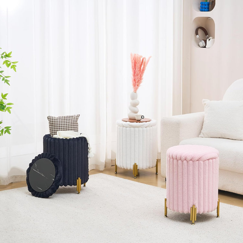 Repose-pieds rond en velours avec rangement, White