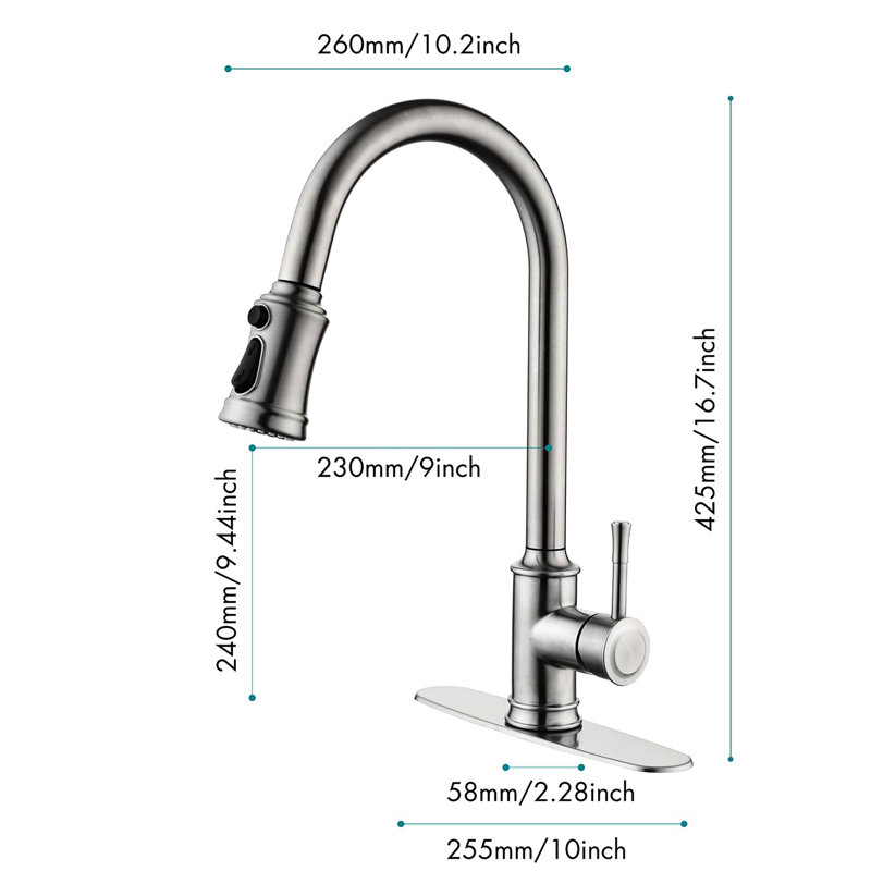 Robinet de cuisine en nickel brossé avec douchette rétractable, acier inoxydable, pivotant sur 360 °, 3 jets d'eau en acier, nickel, sorties, fiable