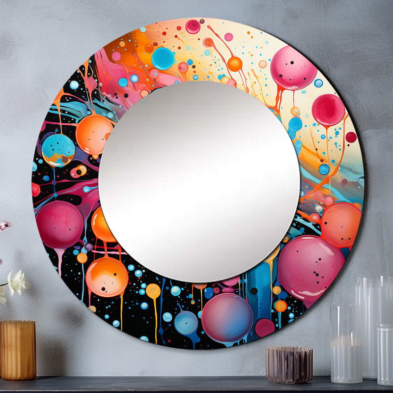 Neon Assemblage II - miroir décoratif abstrait, grand miroir mural rose, impression sur métal, 23 po x 23 po, Rond