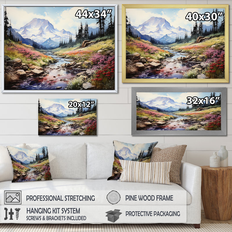 " Mountains Mountains In Bloom ", H 16 po x l 32 po x P 1 po, Cadre flottant blanc