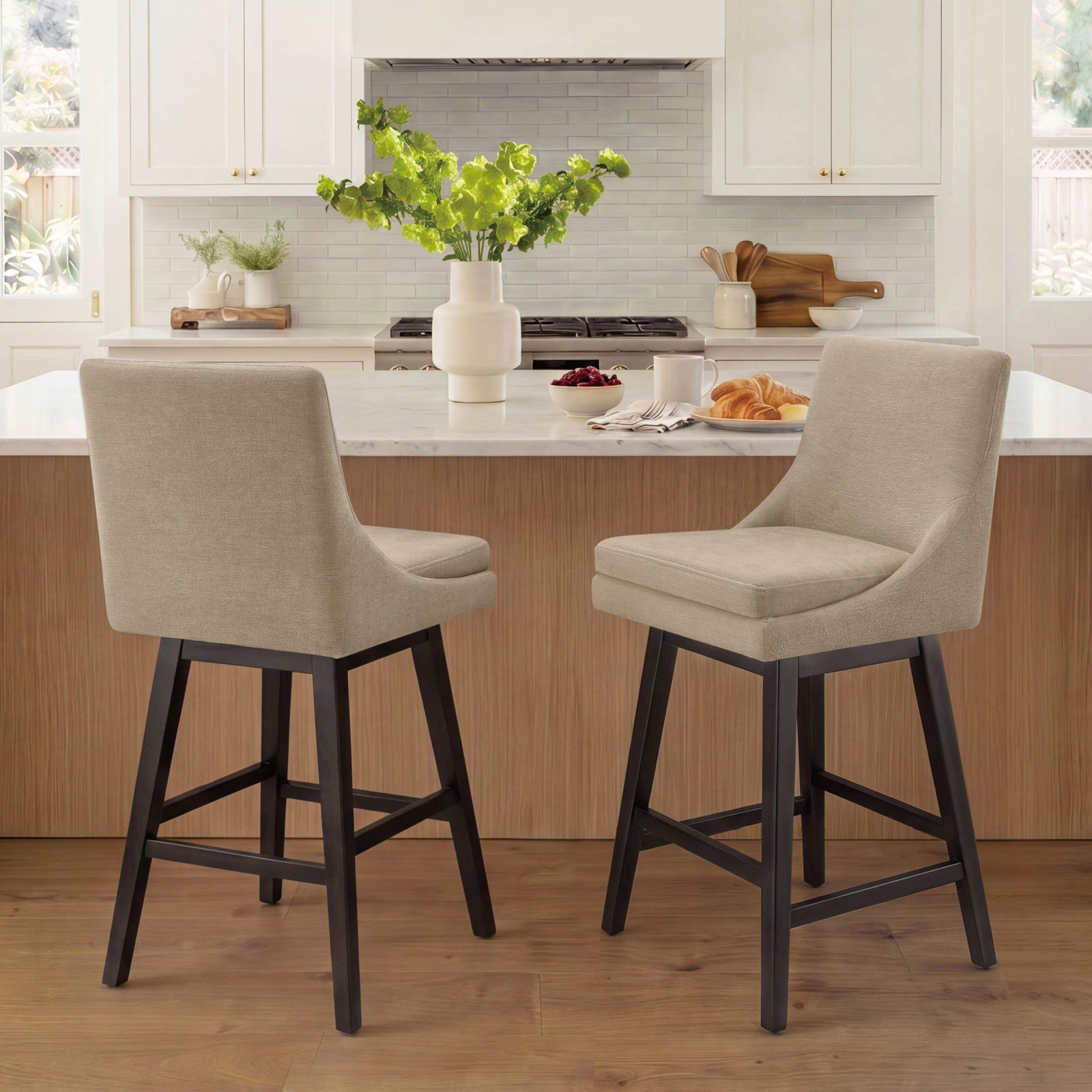 Zahara Swivel Bar Stool, Bar Stool (30” Seat Height), Tan Polyester/Brown