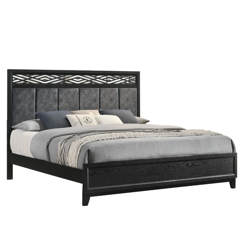 Très grand lit Kira, découpes géométriques, revêtement en polyester gris, noir, Très grand