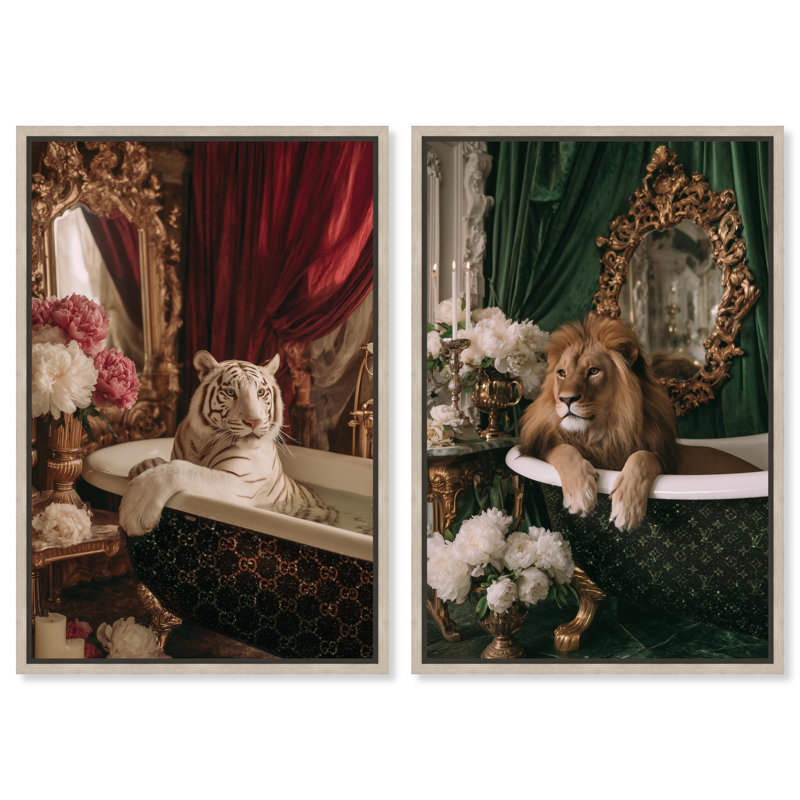 «Feline Glam Bath Duo», ensemble de décorations sur toile encadrées par Art Remedy, cadre argenté, 36 x 54, H 55 po x l 37 po